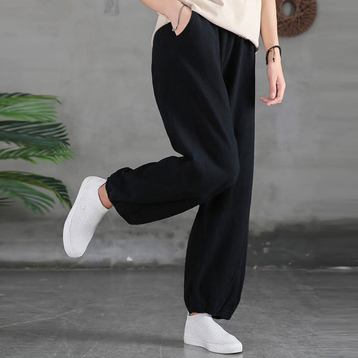 Pantaloni da donna in ramia, lino e cotone, tinta unita, con tasche, con stampa Buddha Stones. - image 44