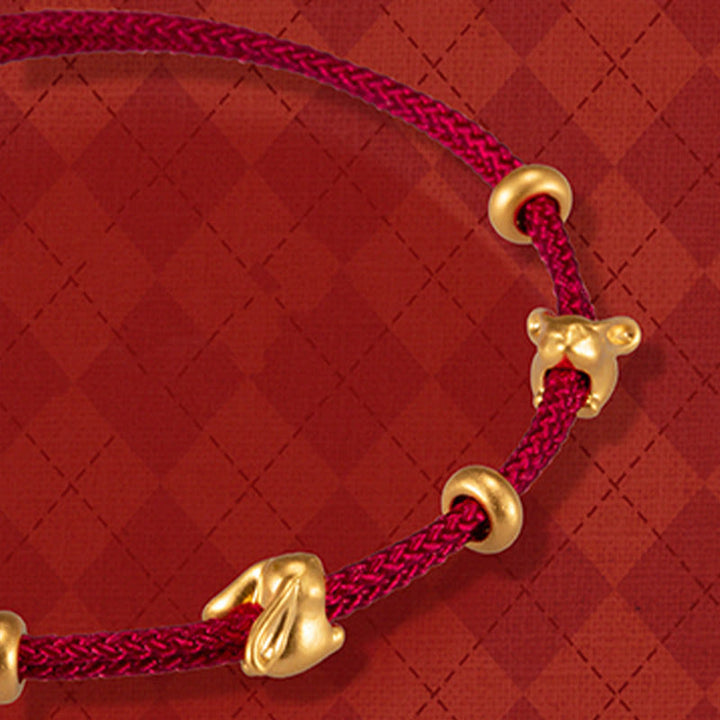 Braccialetto in corda intrecciata fatto a mano con design a forma di coniglio fortunato osmanto, in oro 999, con Buddha Stones - Doppio coniglio portafortuna e tre perline d'oro (oro circa 0,58 g) - 21 cm - image 8
