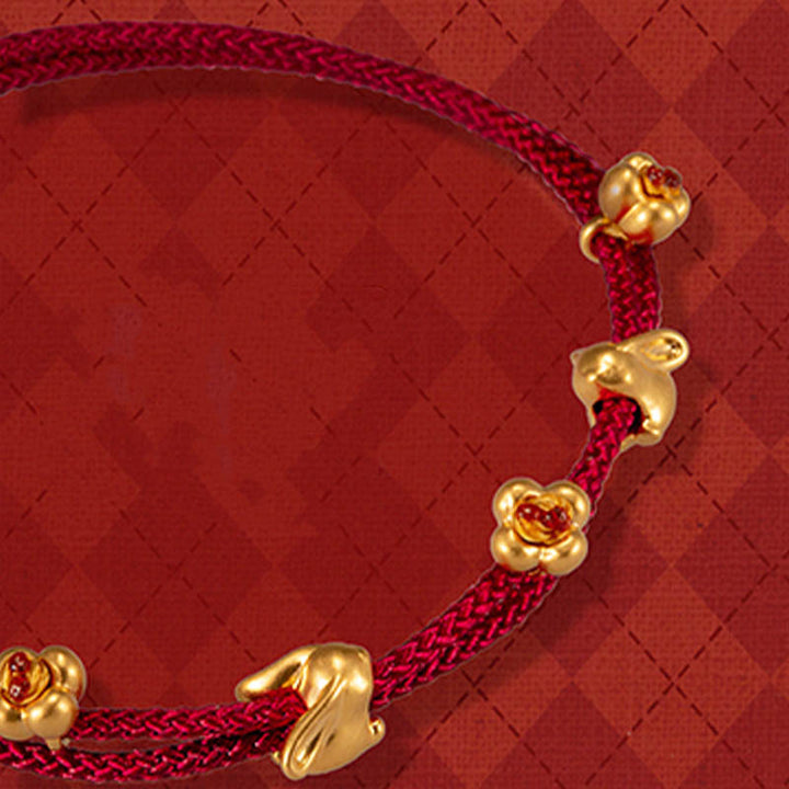 Braccialetto in corda intrecciata fatto a mano con design a forma di coniglio fortunato osmanto, in oro 999, con Buddha Stones - Coniglio doppio di osmanto dorato (oro, circa 0,8 g) - 21 cm - image 12