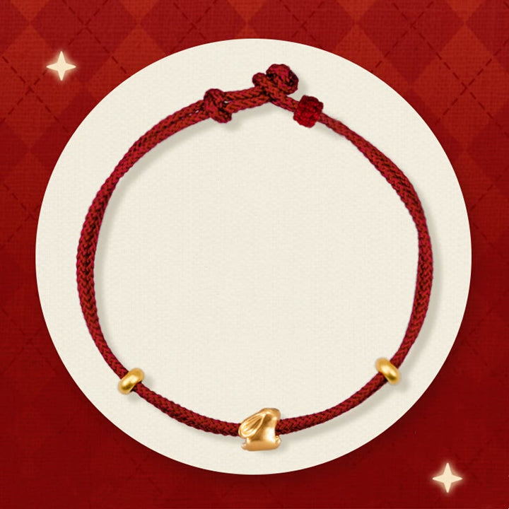 Braccialetto in corda intrecciata fatto a mano con design a forma di coniglio fortunato osmanto, in oro 999, con Buddha Stones - Coniglio portafortuna e due perline d'oro (circa 0,31 g d'oro) - 21 cm - image 0