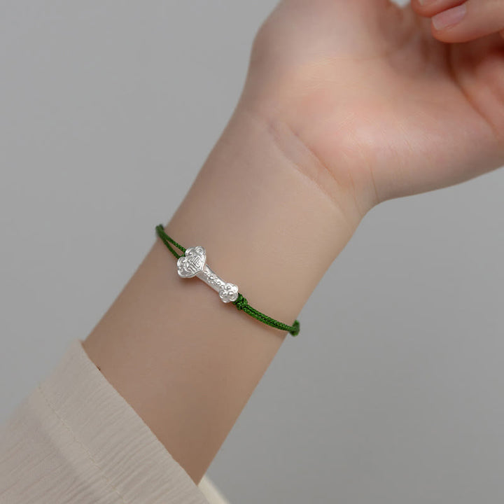 Braccialetto in corda verde intrecciata con impugnatura Ruyi, in argento sterling 999, fatto a mano, con carattere Fu , Buddha Stones - image 3