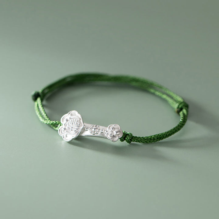 Braccialetto in corda verde intrecciata con impugnatura Ruyi, in argento sterling 999, fatto a mano, con carattere Fu , Buddha Stones - Carattere Fu (circonferenza del polso 14-18 cm) - image 0