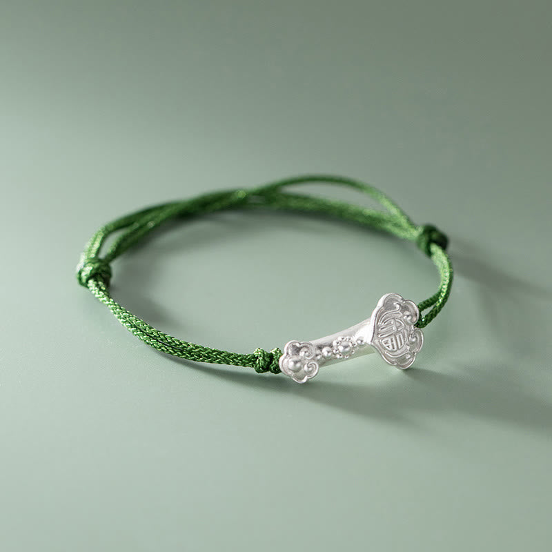 Braccialetto in corda verde intrecciata con impugnatura Ruyi, in argento sterling 999, fatto a mano, con carattere Fu , Buddha Stones - image 2