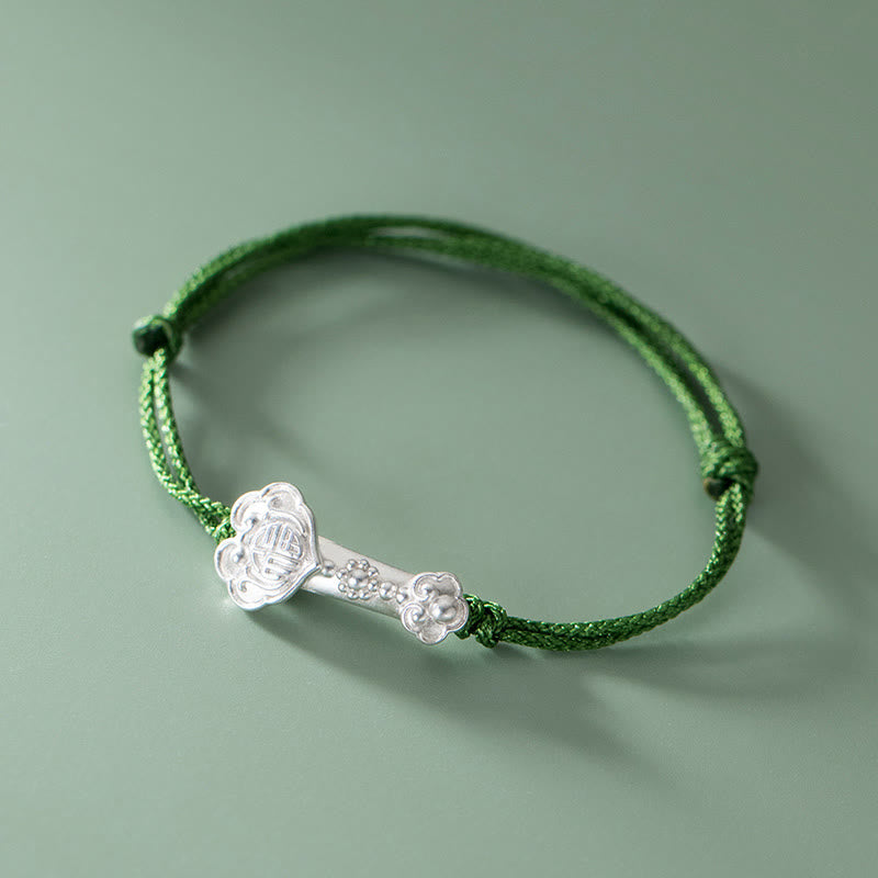 Braccialetto in corda verde intrecciata con impugnatura Ruyi, in argento sterling 999, fatto a mano, con carattere Fu , Buddha Stones - image 1