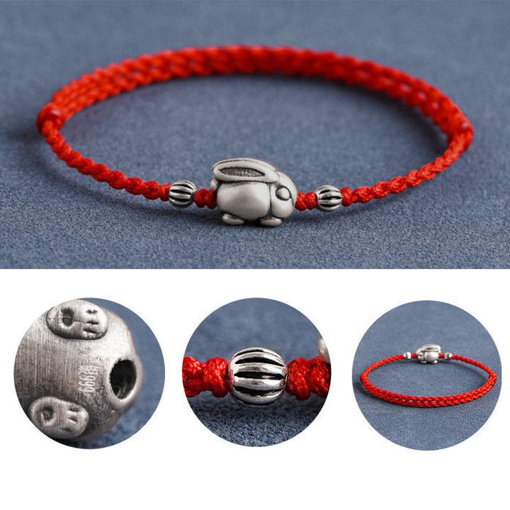 Buddha Stones Braccialetto portafortuna in corda di coniglio in argento sterling 999 fatto a mano - image 8