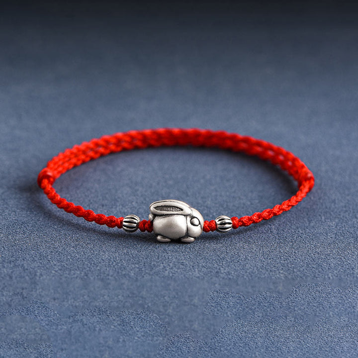 Buddha Stones Braccialetto portafortuna in corda di coniglio in argento sterling 999 fatto a mano - Cavigliera grande a forma di coniglio (circonferenza 18-30 cm) - Rosso - image 0