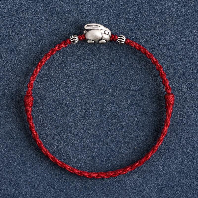 Buddha Stones Braccialetto portafortuna in corda di coniglio in argento sterling 999 fatto a mano - Cavigliera grande a forma di coniglio (circonferenza 18-30 cm) - Rosso scuro - image 15