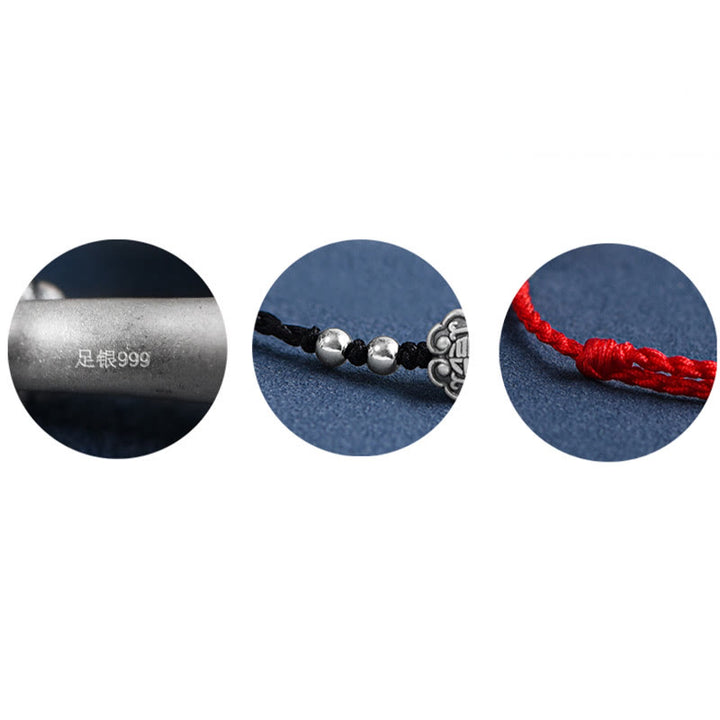 Buddha Stones Fatto a mano in argento sterling 999 Fu Character Wish Ruyi Handle Fortune Rope Bracciale Cavigliera - image 23