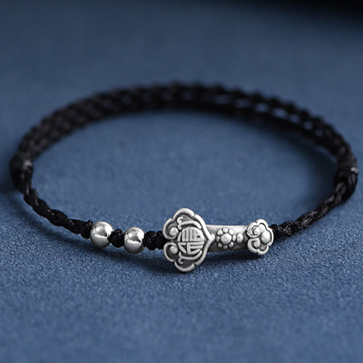 Buddha Stones Fatto a mano in argento sterling 999 Fu Character Wish Ruyi Handle Fortune Rope Bracciale Cavigliera - Cavigliera (circonferenza 18-30 cm) - Nero - image 17