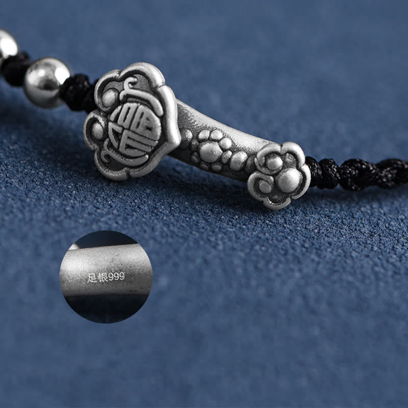 Buddha Stones Fatto a mano in argento sterling 999 Fu Character Wish Ruyi Handle Fortune Rope Bracciale Cavigliera - image 22