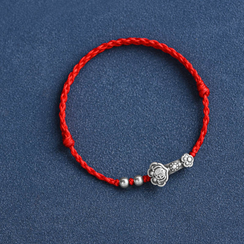 Buddha Stones Fatto a mano in argento sterling 999 Fu Character Wish Ruyi Handle Fortune Rope Bracciale Cavigliera - image 15