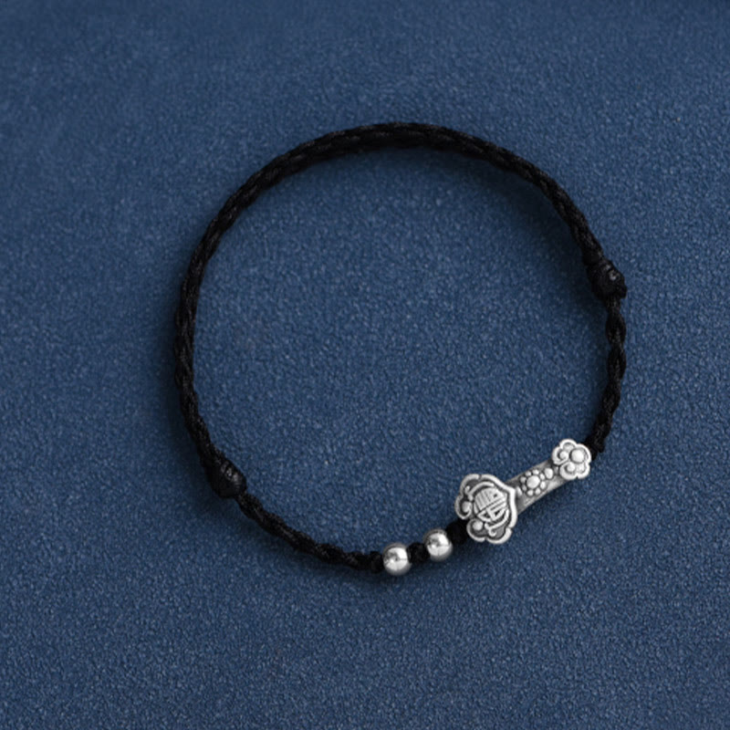 Buddha Stones Fatto a mano in argento sterling 999 Fu Character Wish Ruyi Handle Fortune Rope Bracciale Cavigliera - image 18