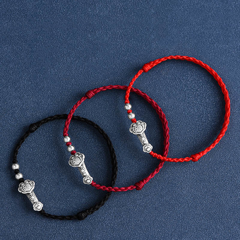 Buddha Stones Fatto a mano in argento sterling 999 Fu Character Wish Ruyi Handle Fortune Rope Bracciale Cavigliera - image 1