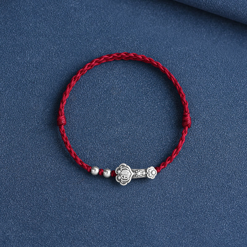 Buddha Stones Fatto a mano in argento sterling 999 Fu Character Wish Ruyi Handle Fortune Rope Bracciale Cavigliera - image 2