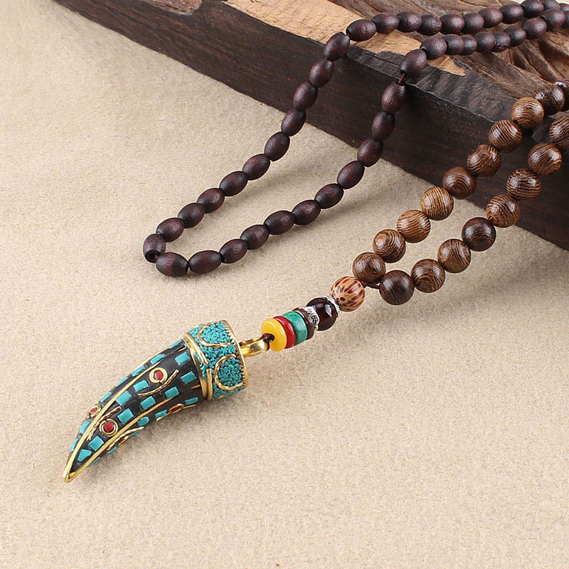 Buddha Stones Tibet Wenge Legno Om Mani Padme Hum Simbolo OM Mantra Corno Modello Protezione Collana Pendente - Legno Wenge e Turchese - image 9