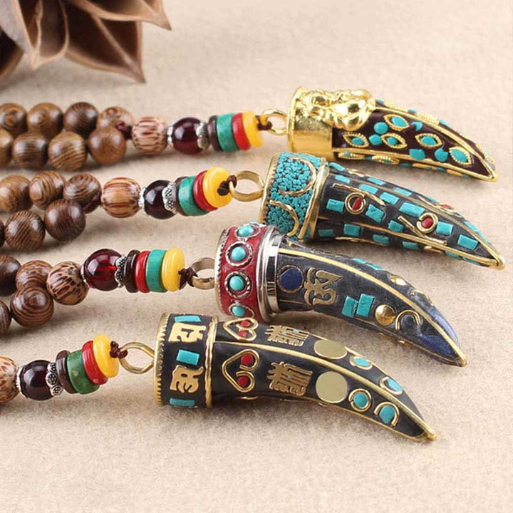 Buddha Stones Tibet Wenge Legno Om Mani Padme Hum Simbolo OM Mantra Corno Modello Protezione Collana Pendente - image 16