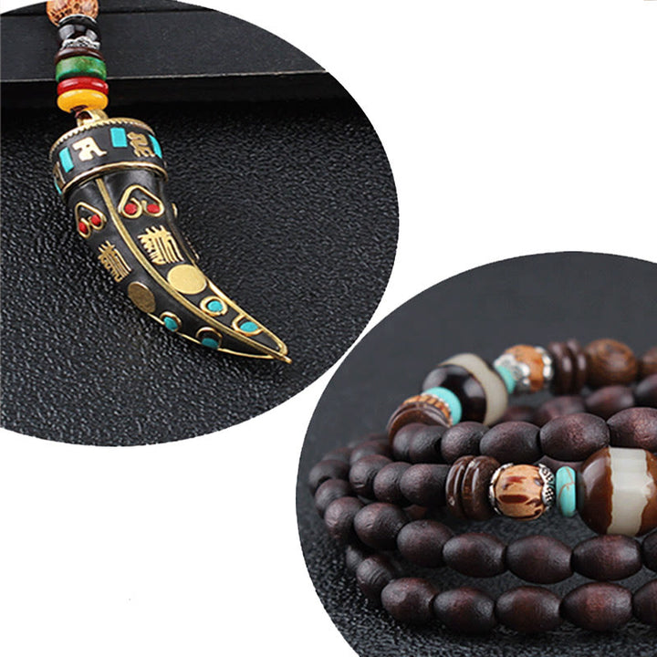 Buddha Stones Tibet Wenge Legno Om Mani Padme Hum Simbolo OM Mantra Corno Modello Protezione Collana Pendente - image 5