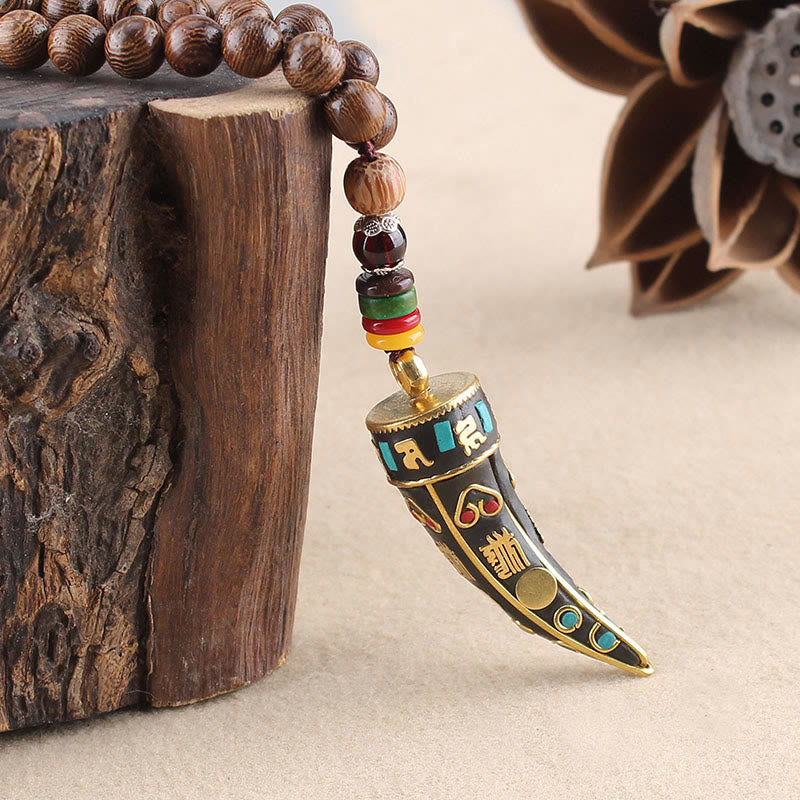Buddha Stones Tibet Wenge Legno Om Mani Padme Hum Simbolo OM Mantra Corno Modello Protezione Collana Pendente - image 2