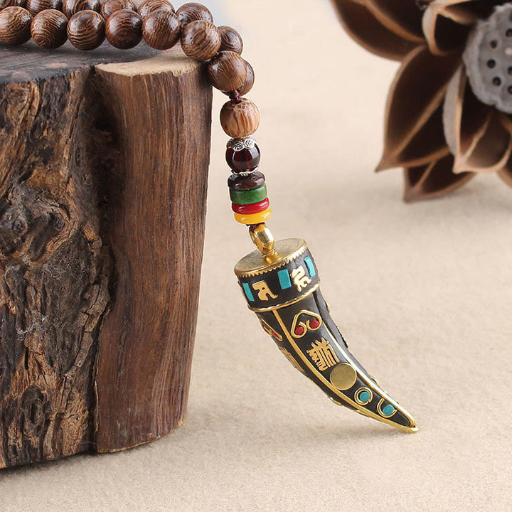 Buddha Stones Tibet Wenge Legno Om Mani Padme Hum Simbolo OM Mantra Corno Modello Protezione Collana Pendente - image 2