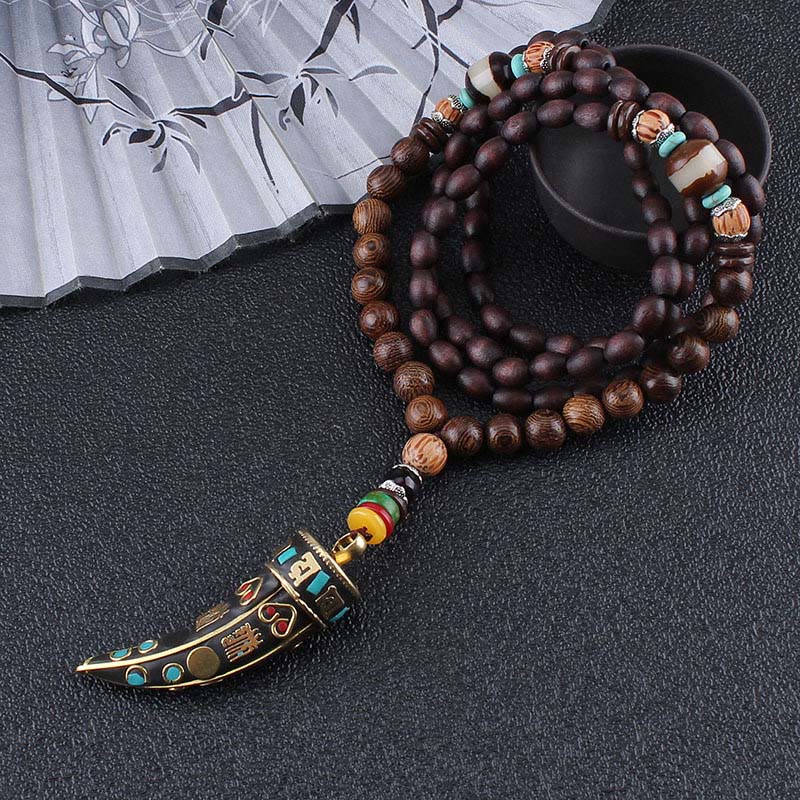 Buddha Stones Tibet Wenge Legno Om Mani Padme Hum Simbolo OM Mantra Corno Modello Protezione Collana Pendente - image 3