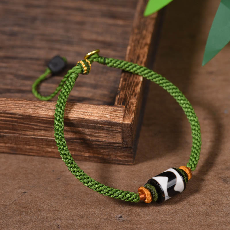 Braccialetto di corda verde intrecciata con perline tibetane Dzi fatte a mano di Buddha Stones