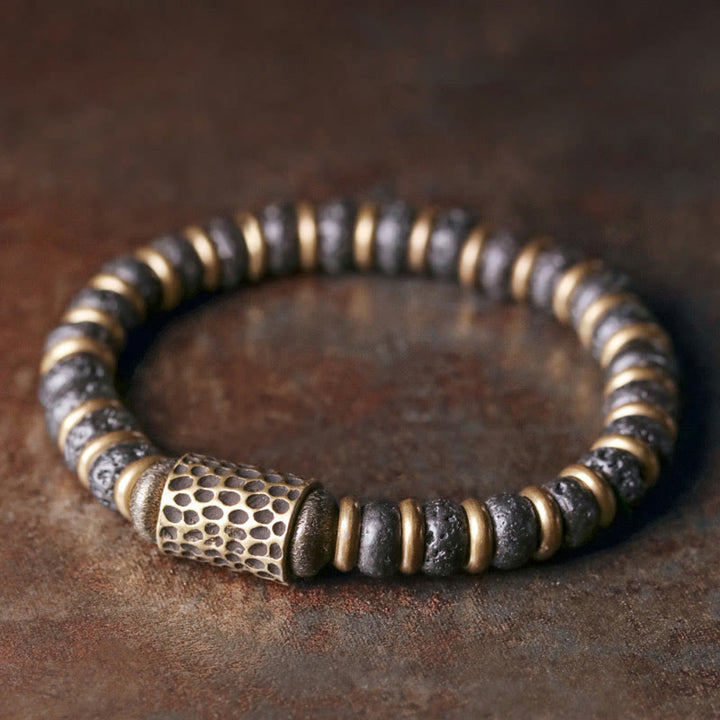 Braccialetto in rame calmo con perline di roccia lavica vintage Buddha Stones