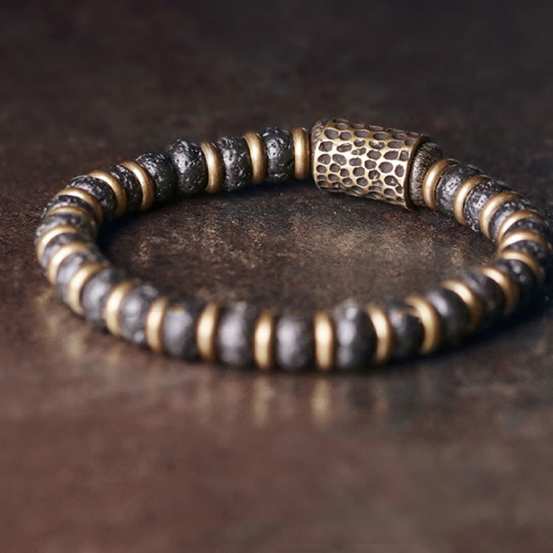 Braccialetto in rame calmo con perline di roccia lavica vintage Buddha Stones