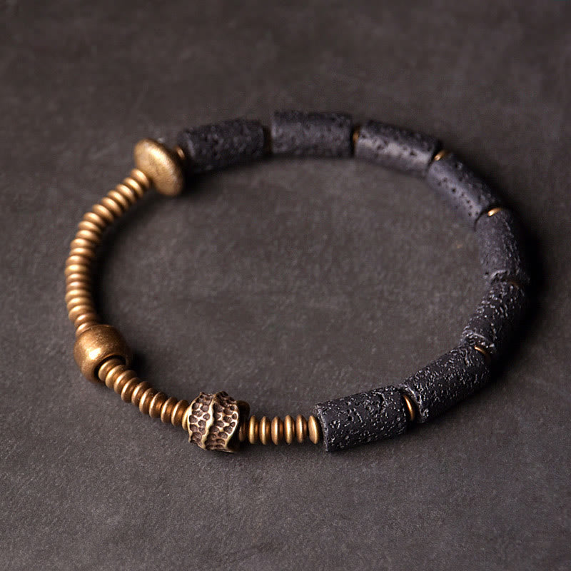 Braccialetto di rame con perle di lava nera, Buddha Stones, fortuna e ricchezza