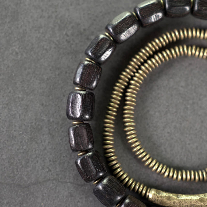 Braccialetto di guarigione multistrato in rame con perline di legno di ebano tibetano Buddha Stones vintage Peace