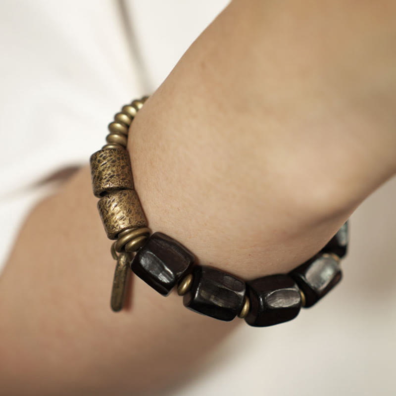 Braccialetto di perline di rame in legno di ebano Buddha Stones, vintage, pace