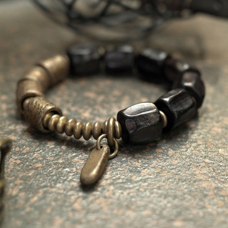 Braccialetto di perline di rame in legno di ebano Buddha Stones, vintage, pace