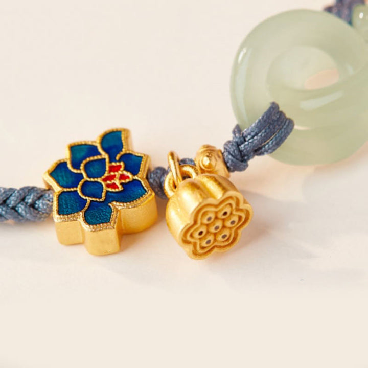 Braccialetto della fortuna con fibbia in corda intrecciata, giada Hetian , Buddha Stones, Lotus Peace
