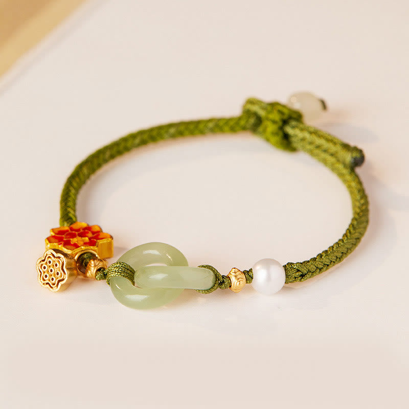 Braccialetto della fortuna con fibbia in corda intrecciata, giada Hetian , Buddha Stones, Lotus Peace