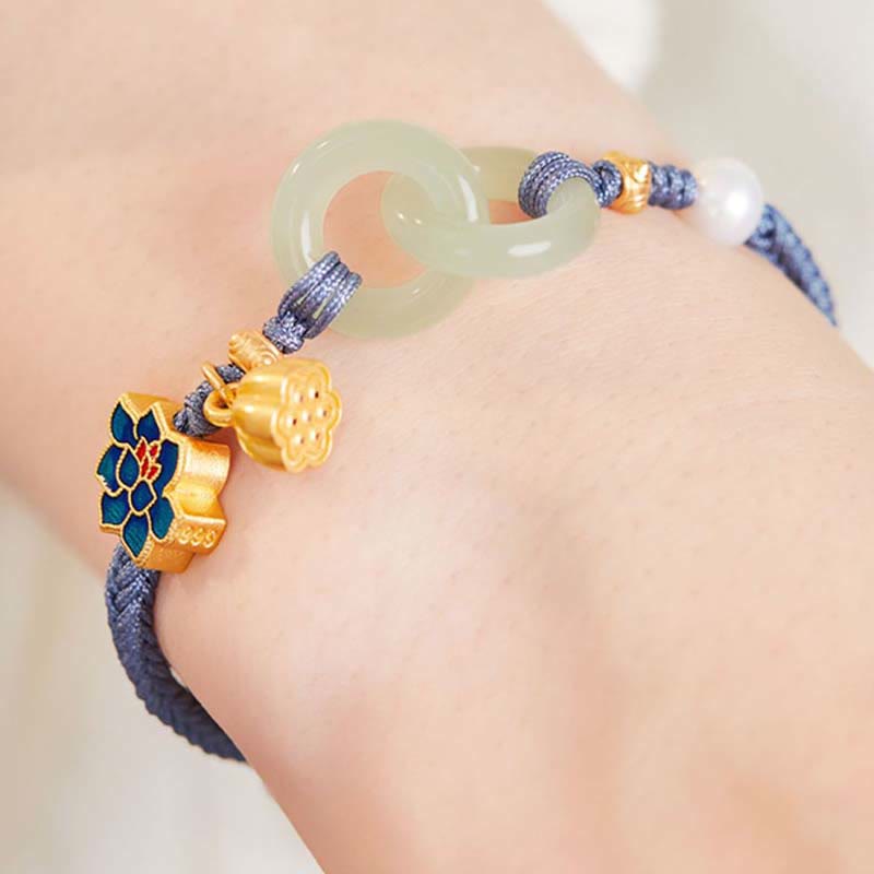 Braccialetto della fortuna con fibbia in corda intrecciata, giada Hetian , Buddha Stones, Lotus Peace