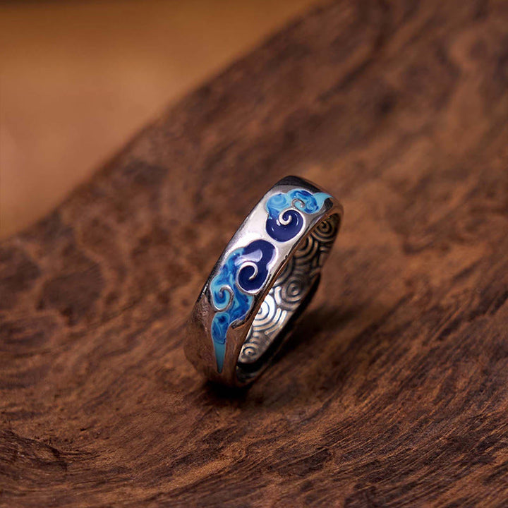 Anello regolabile in rame con motivo a nuvole di buon auspicio blu Buddha Stones