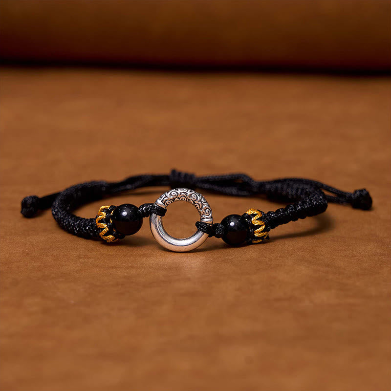 Braccialetto di corda intrecciata con fibbia di protezione in rame placcato argento sterling 925 Buddha Stones Peace