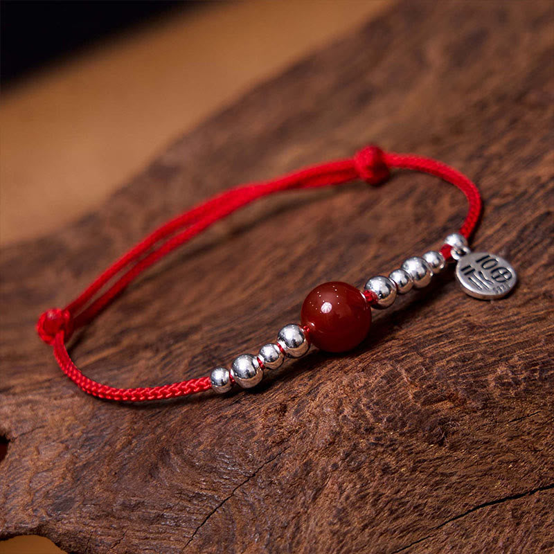 Braccialetto in corda intrecciata ultra sottile con carattere Fu in argento sterling 925 fatto a mano con Buddha Stones, agata rossa e ciondolo a forma di fortuna - image 2