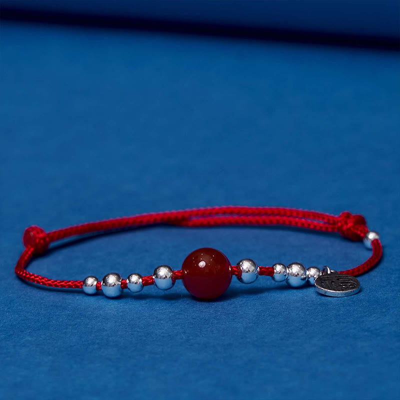 Braccialetto in corda intrecciata ultra sottile con carattere Fu in argento sterling 925 fatto a mano con Buddha Stones, agata rossa e ciondolo a forma di fortuna - image 3