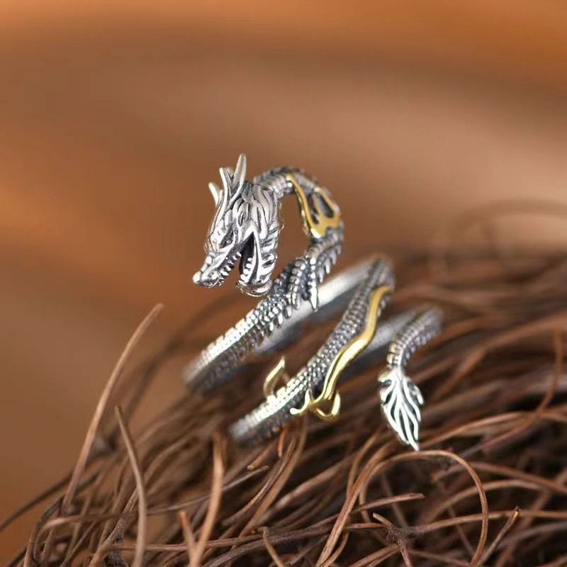 Anello di protezione con motivo a drago vintage Buddha Stones