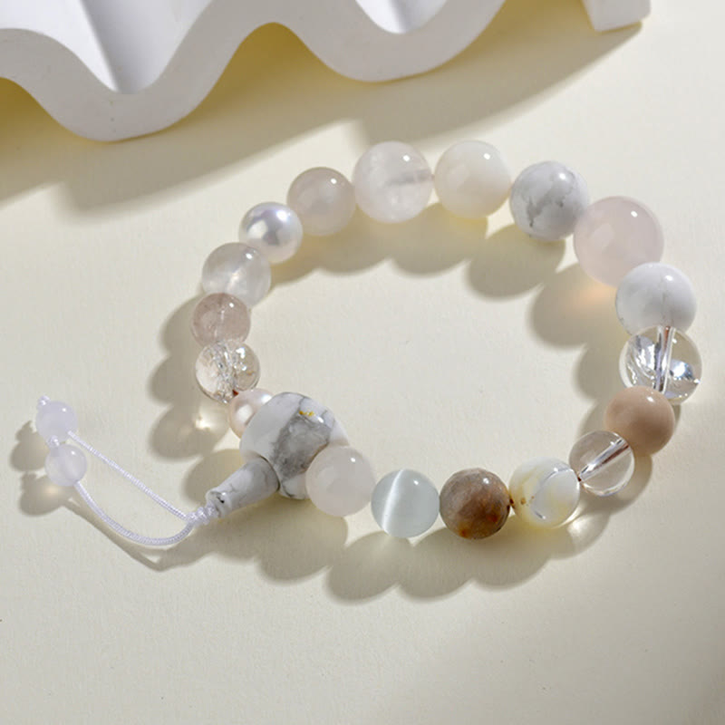 Bracciale Buddha Stones Agata Bianca Perla 18 Perline Equilibrio Fortuna
