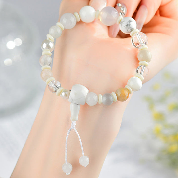 Bracciale Buddha Stones Agata Bianca Perla 18 Perline Equilibrio Fortuna