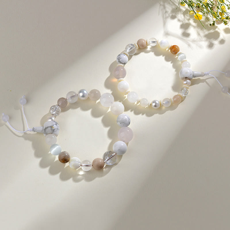 Bracciale Buddha Stones Agata Bianca Perla 18 Perline Equilibrio Fortuna