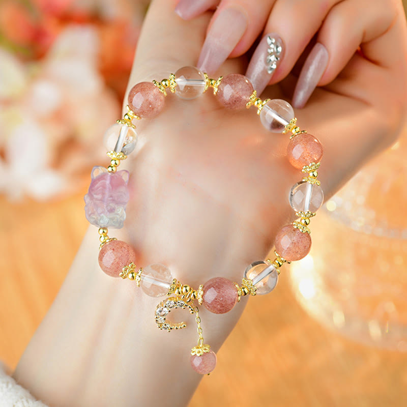 Bracciale con ciondolo a forma di luna, volpe a nove code, in cristallo di quarzo bianco Buddha Stones naturale, guarigione dell'amore