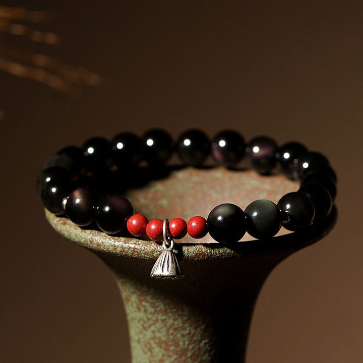 Bracciale Buddha Stones Naturale Ossidiana Nera Cinabro Loto Ciondolo Forza Soddisfazione
