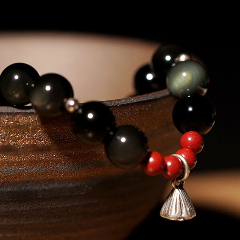 Bracciale Buddha Stones Naturale Ossidiana Nera Cinabro Loto Ciondolo Forza Soddisfazione