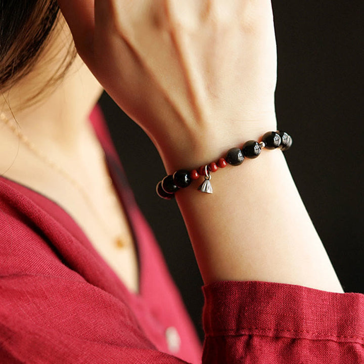 Bracciale Buddha Stones Naturale Ossidiana Nera Cinabro Loto Ciondolo Forza Soddisfazione