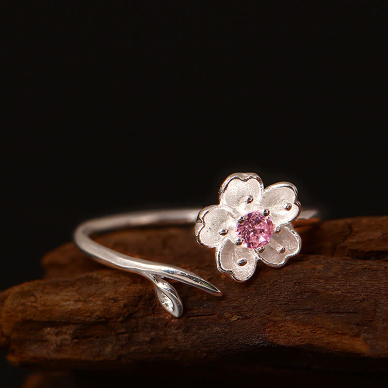 Anello regolabile Buddha Stones in argento sterling 925 con fiore di ciliegio Sakura e benedizione - image 1