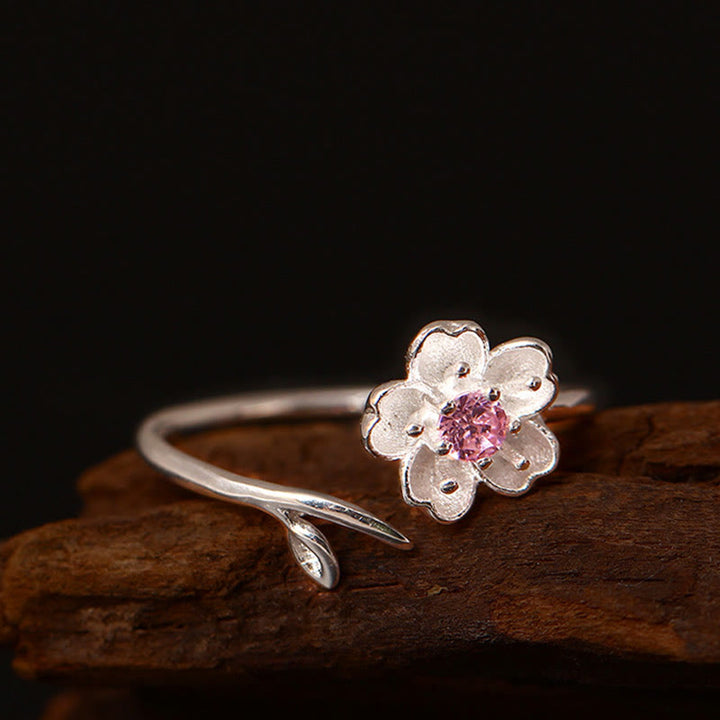 Anello regolabile Buddha Stones in argento sterling 925 con fiore di ciliegio Sakura e benedizione - image 1