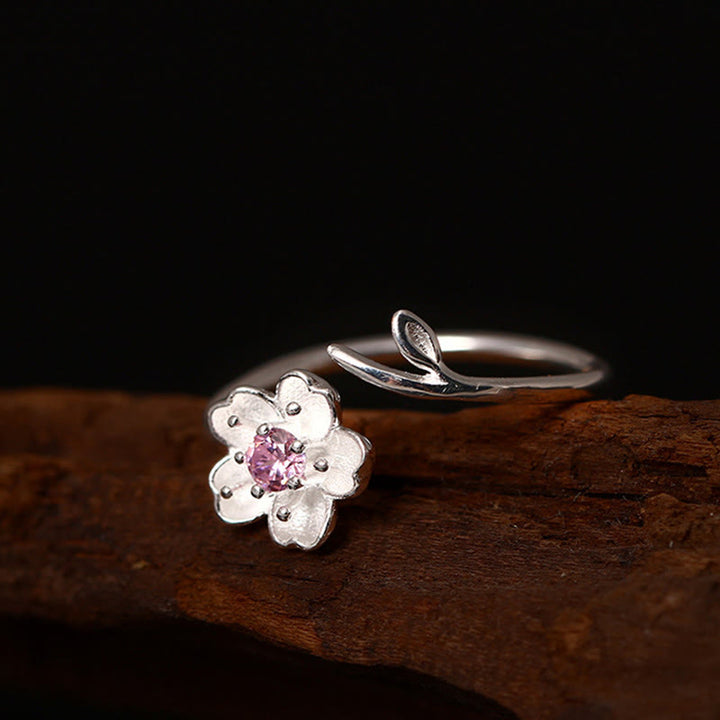 Anello regolabile Buddha Stones in argento sterling 925 con fiore di ciliegio Sakura e benedizione - image 7