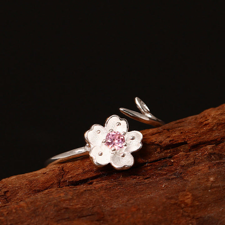 Anello regolabile Buddha Stones in argento sterling 925 con fiore di ciliegio Sakura e benedizione - image 3